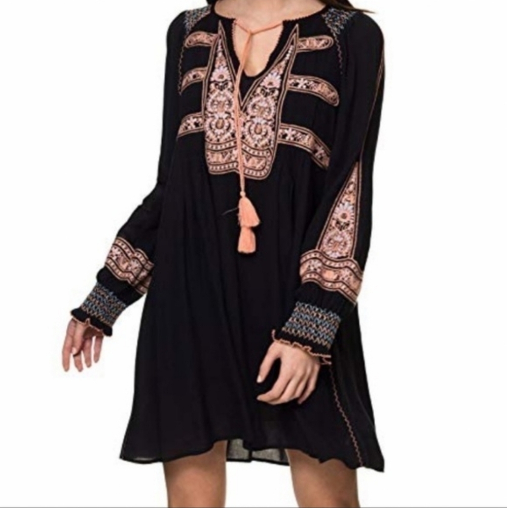 Free People Wind Willow Boho Embroidered Tassel Tie Peasant Dress Black Medium